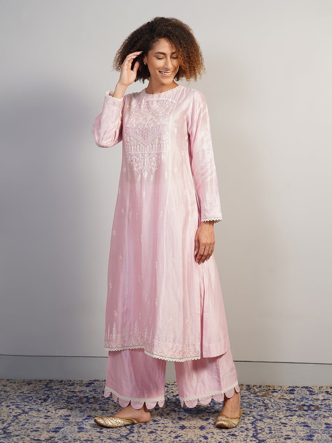A beautiful baby pink cotton silk suit set in zero neck, adorned with intricate Aari work - samantchauhan Apparel & Accessories