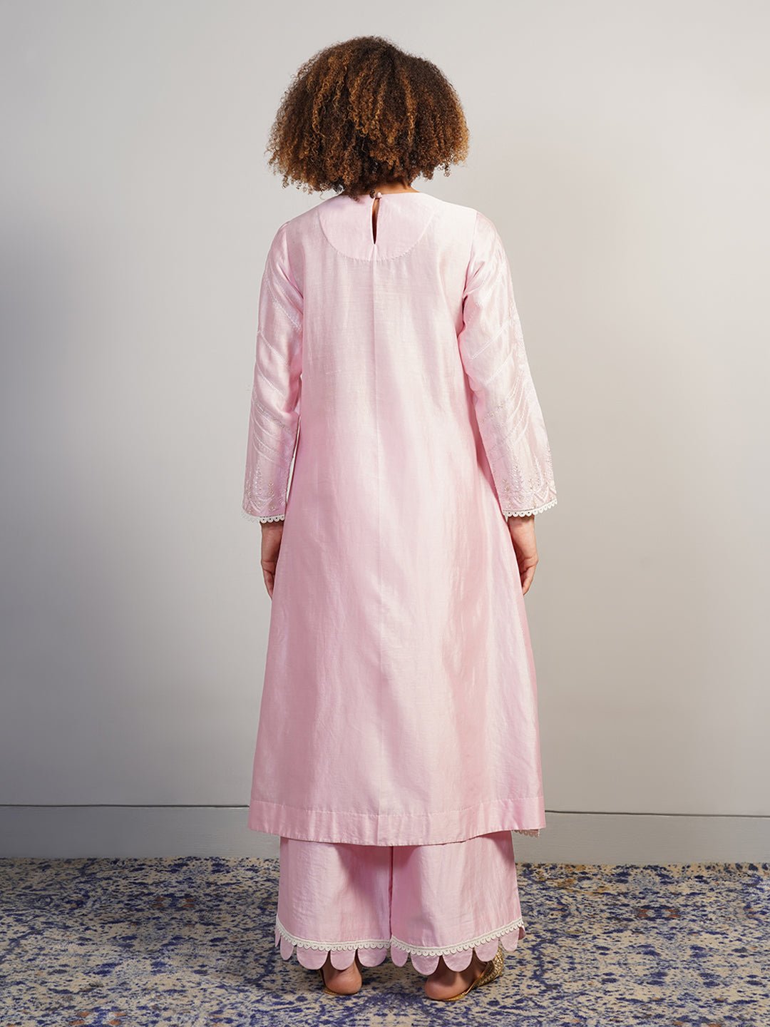 A beautiful baby pink cotton silk suit set in zero neck, adorned with intricate Aari work - samantchauhan Apparel & Accessories