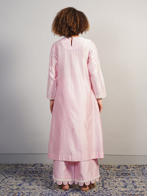 A beautiful baby pink cotton silk suit set in zero neck, adorned with intricate Aari work - samantchauhan Apparel & Accessories