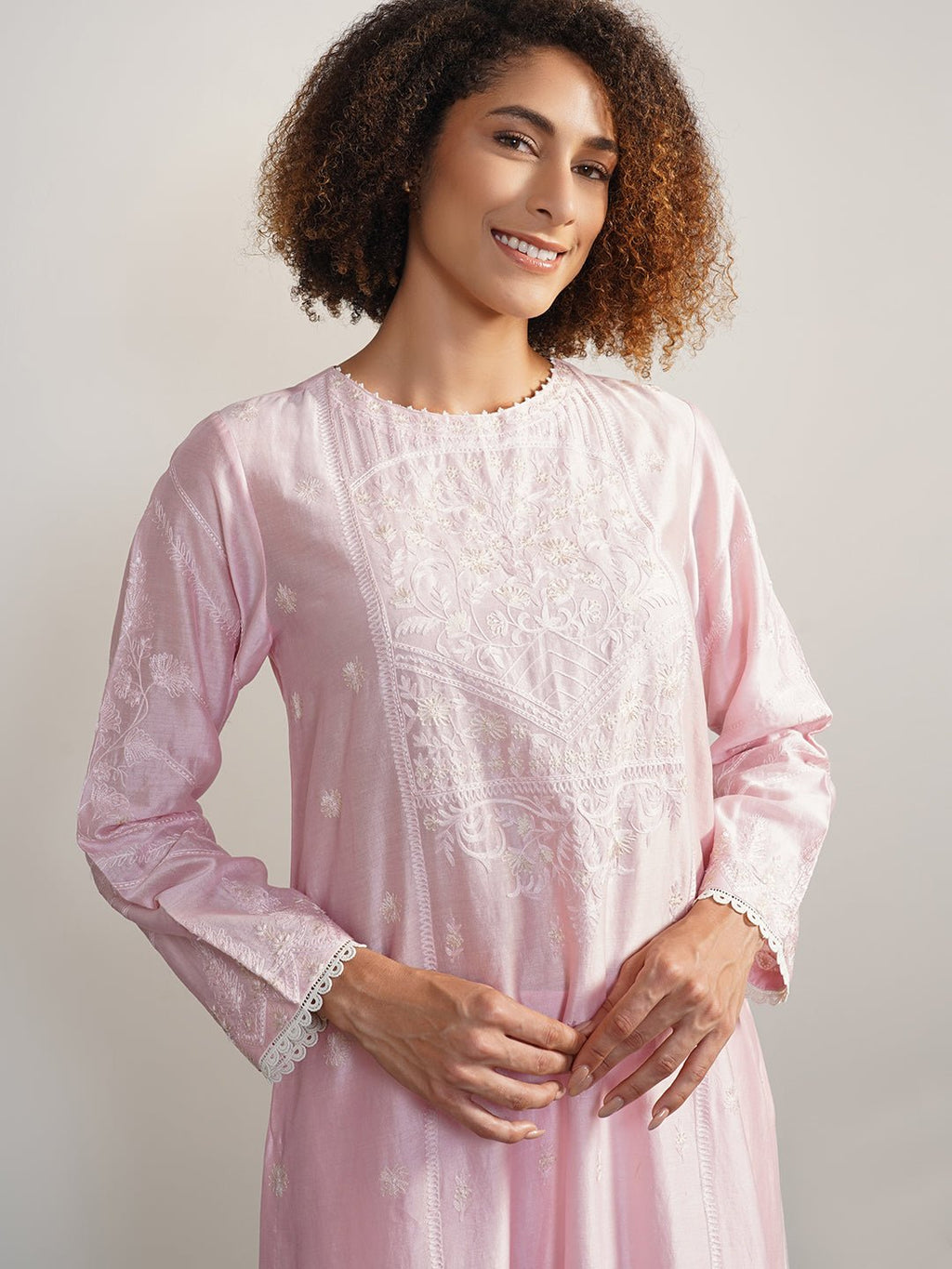 A beautiful baby pink cotton silk suit set in zero neck, adorned with intricate Aari work - samantchauhan Apparel & Accessories