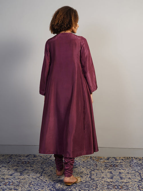 A beautiful deep wine A - line, round neck kurta set with gathers on the sides and intricate gold zardosi embroidery - samantchauhan Apparel & Accessories