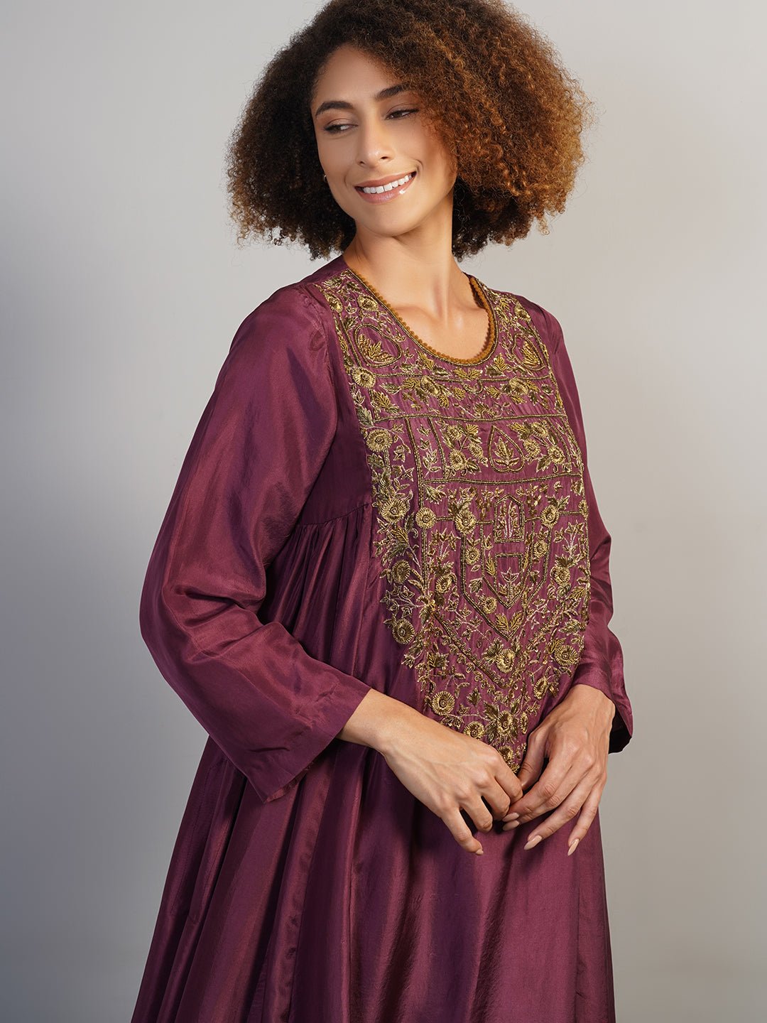 A beautiful deep wine A - line, round neck kurta set with gathers on the sides and intricate gold zardosi embroidery - samantchauhan Apparel & Accessories