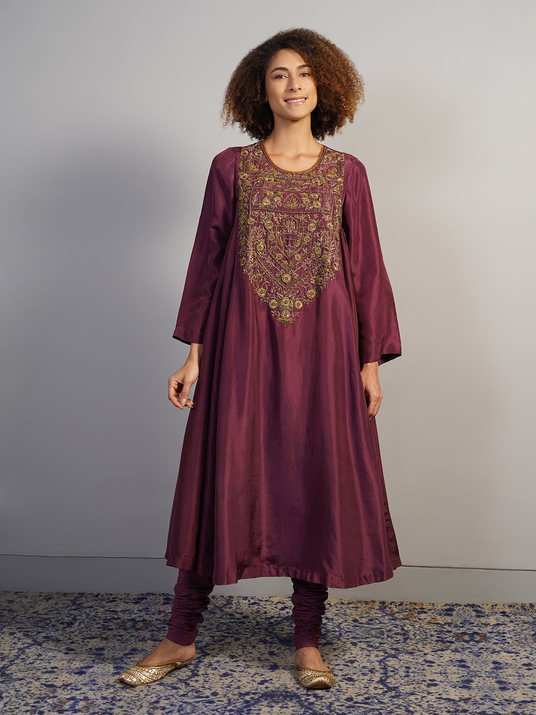 A beautiful deep wine A - line, round neck kurta set with gathers on the sides and intricate gold zardosi embroidery - samantchauhan Apparel & Accessories