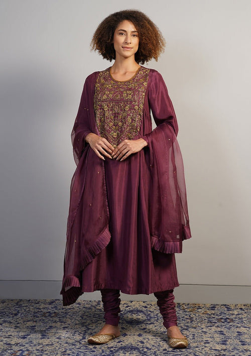 A beautiful deep wine A - line, round neck kurta set with gathers on the sides and intricate gold zardosi embroidery - samantchauhan Apparel & Accessories