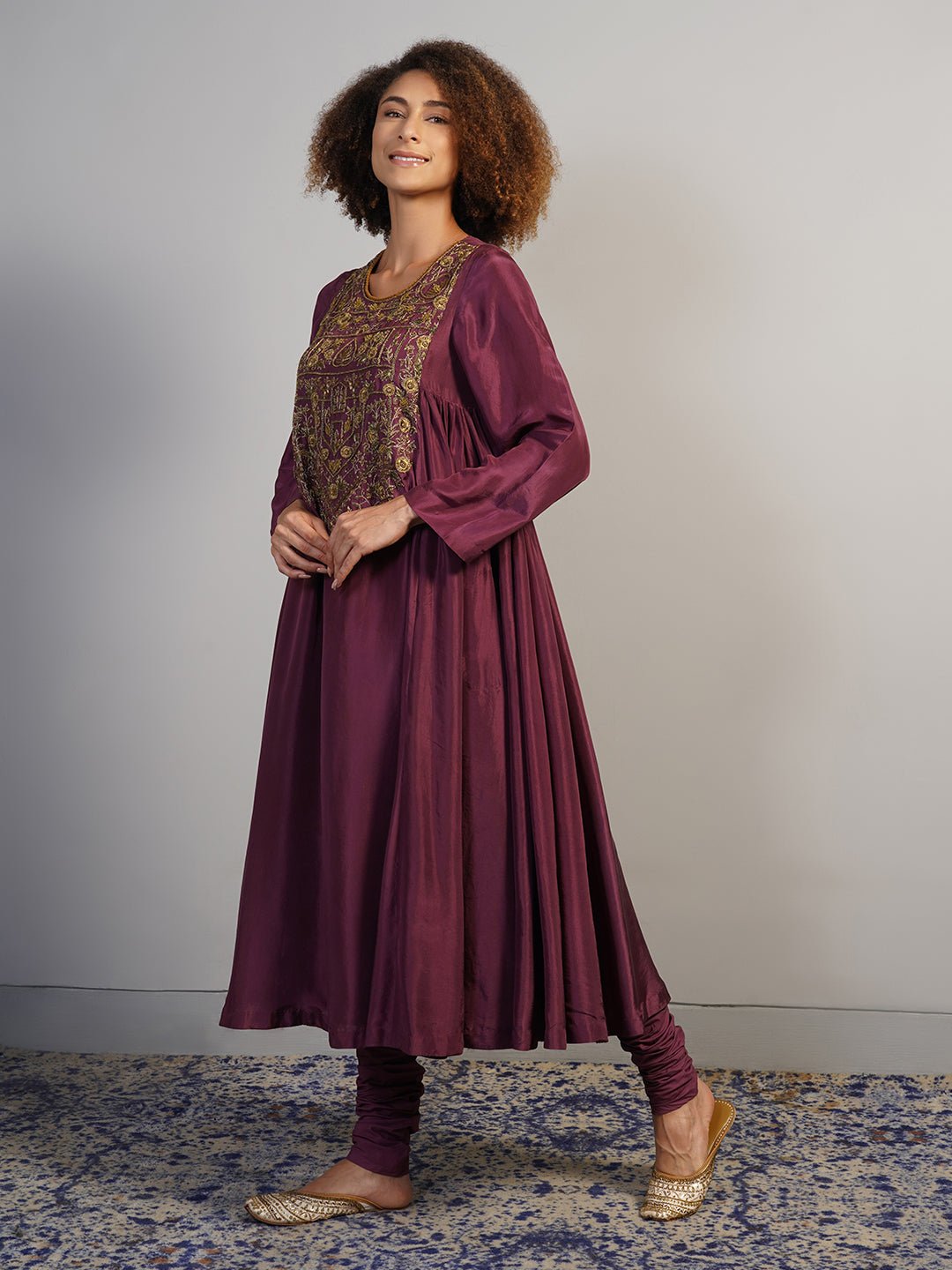 A beautiful deep wine A - line, round neck kurta set with gathers on the sides and intricate gold zardosi embroidery - samantchauhan Apparel & Accessories