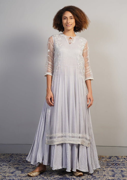 A beautiful layered ensemble with grey A - line cotton dress - samantchauhan Apparel & Accessories