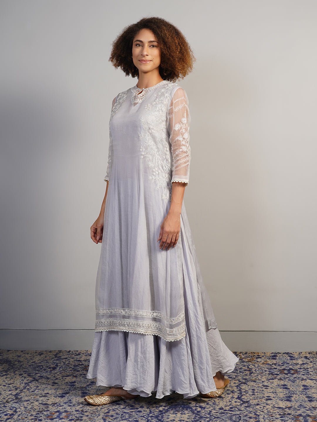 A beautiful layered ensemble with grey A - line cotton dress - samantchauhan Apparel & Accessories