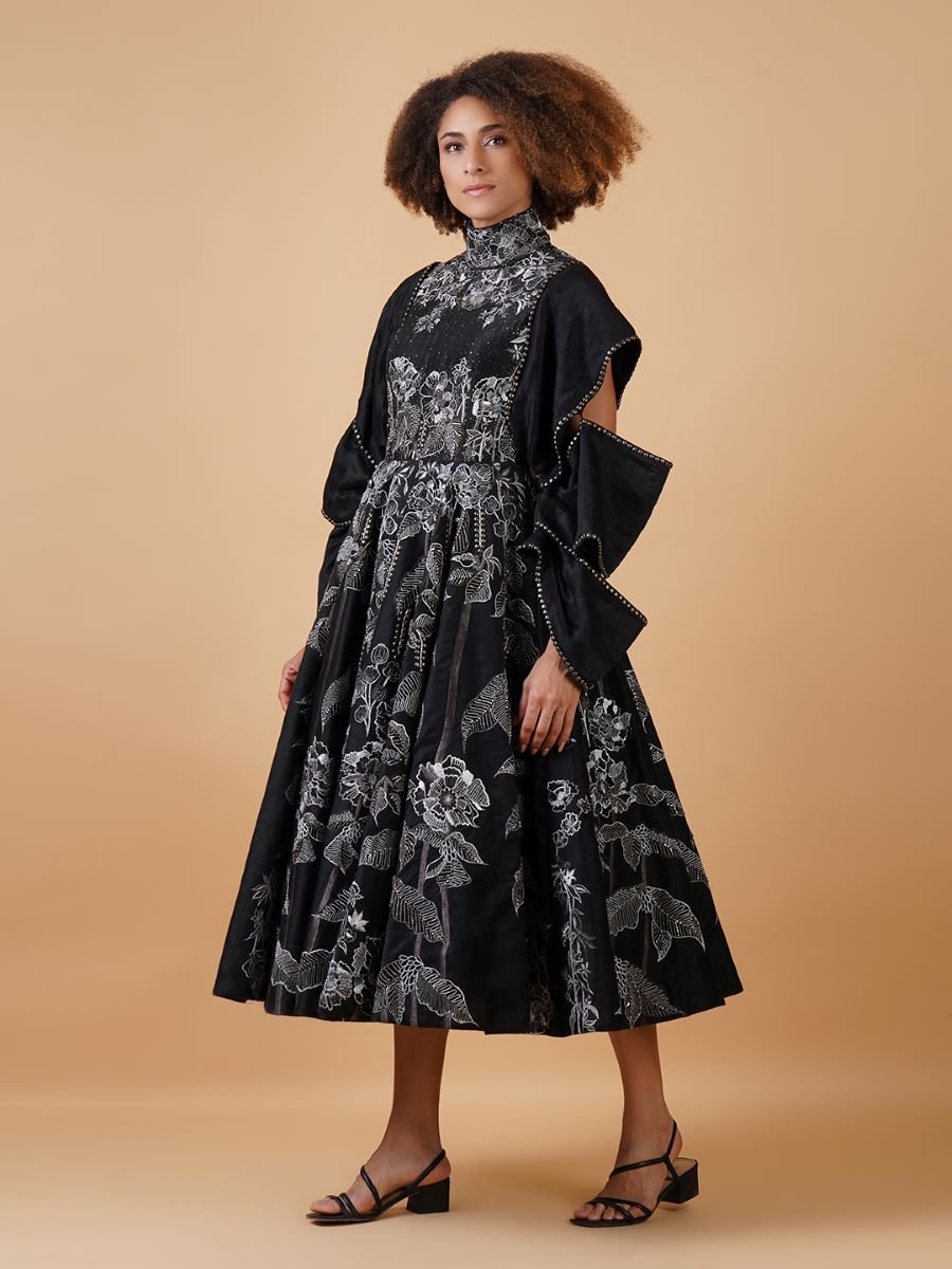 A black chanderi A - line dress that is intricately embroidered - samantchauhan Apparel & Accessories