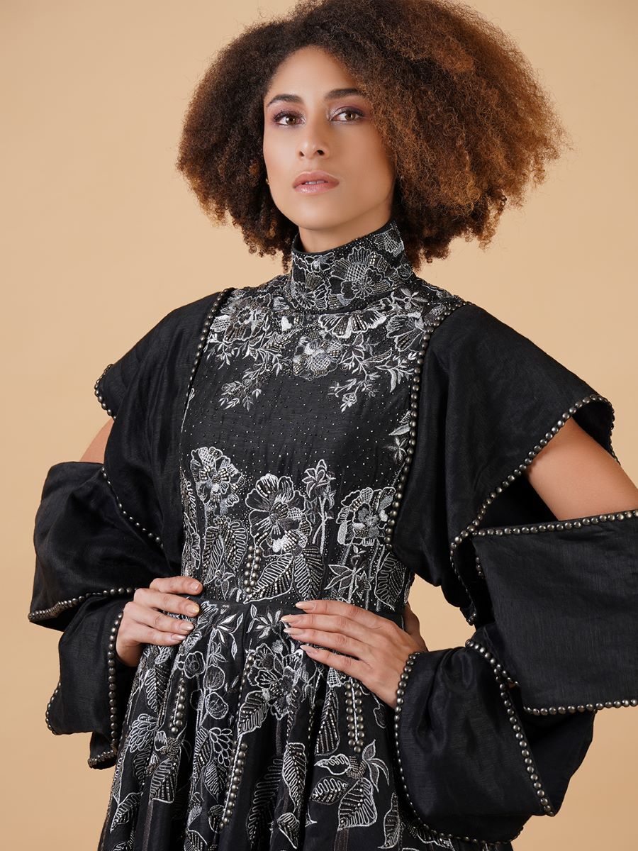 A black chanderi A - line dress that is intricately embroidered - samantchauhan Apparel & Accessories