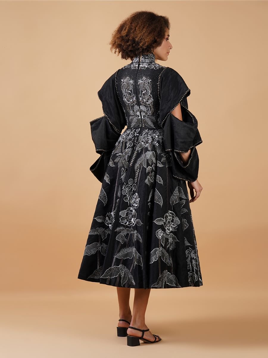 A black chanderi A - line dress that is intricately embroidered - samantchauhan Apparel & Accessories
