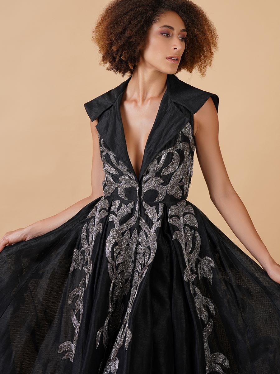 A black chanderi floor - length dress that has a plunging V - neck with stylised collar - samantchauhan Apparel & Accessories