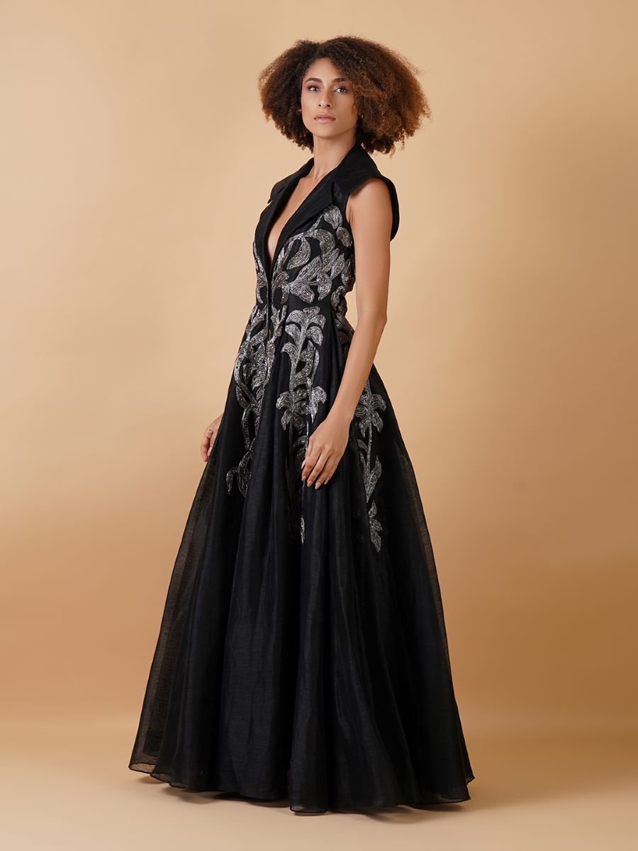 A black chanderi floor - length dress that has a plunging V - neck with stylised collar - samantchauhan Apparel & Accessories