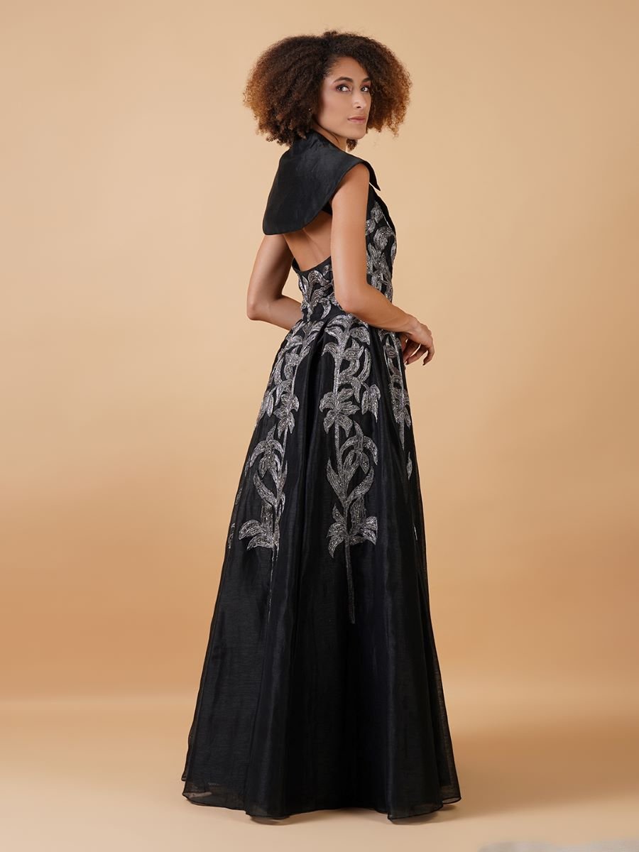 A black chanderi floor - length dress that has a plunging V - neck with stylised collar - samantchauhan Apparel & Accessories