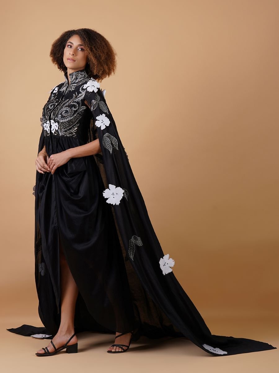 A black cotton silk dress that gives the illusion of a dhoti from front with cowls falling - samantchauhan Apparel & Accessories