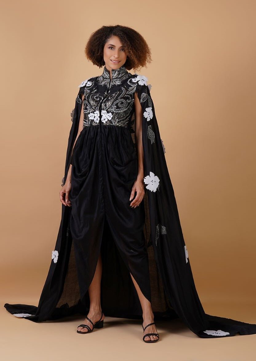 A black cotton silk dress that gives the illusion of a dhoti from front with cowls falling - samantchauhan Apparel & Accessories