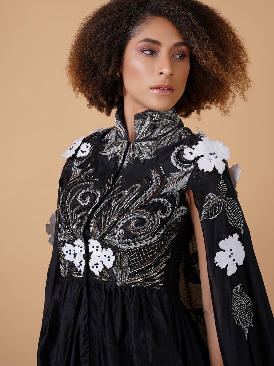 A black cotton silk dress that gives the illusion of a dhoti from front with cowls falling - samantchauhan Apparel & Accessories