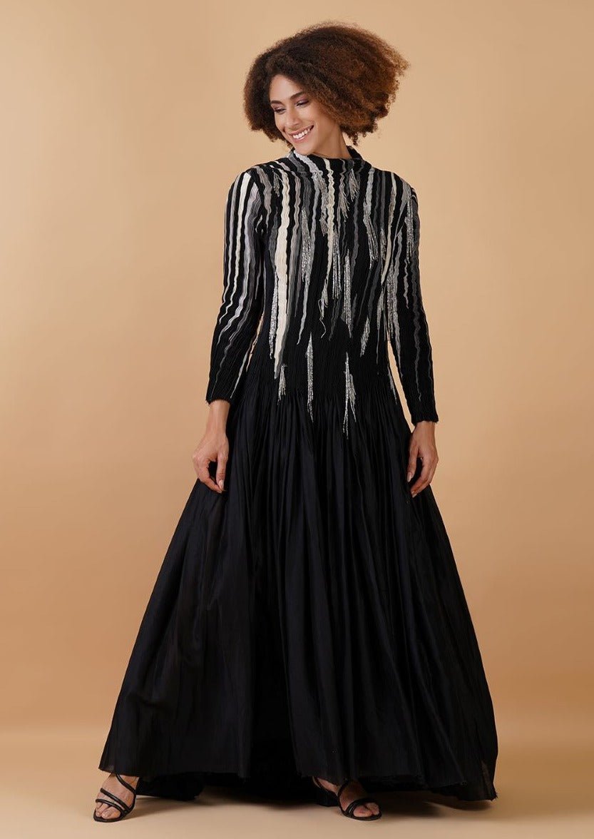 A black cotton silk, floor - length dress with high neck and full sleeves - samantchauhan Apparel & Accessories