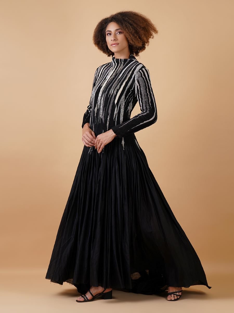A black cotton silk, floor - length dress with high neck and full sleeves - samantchauhan Apparel & Accessories