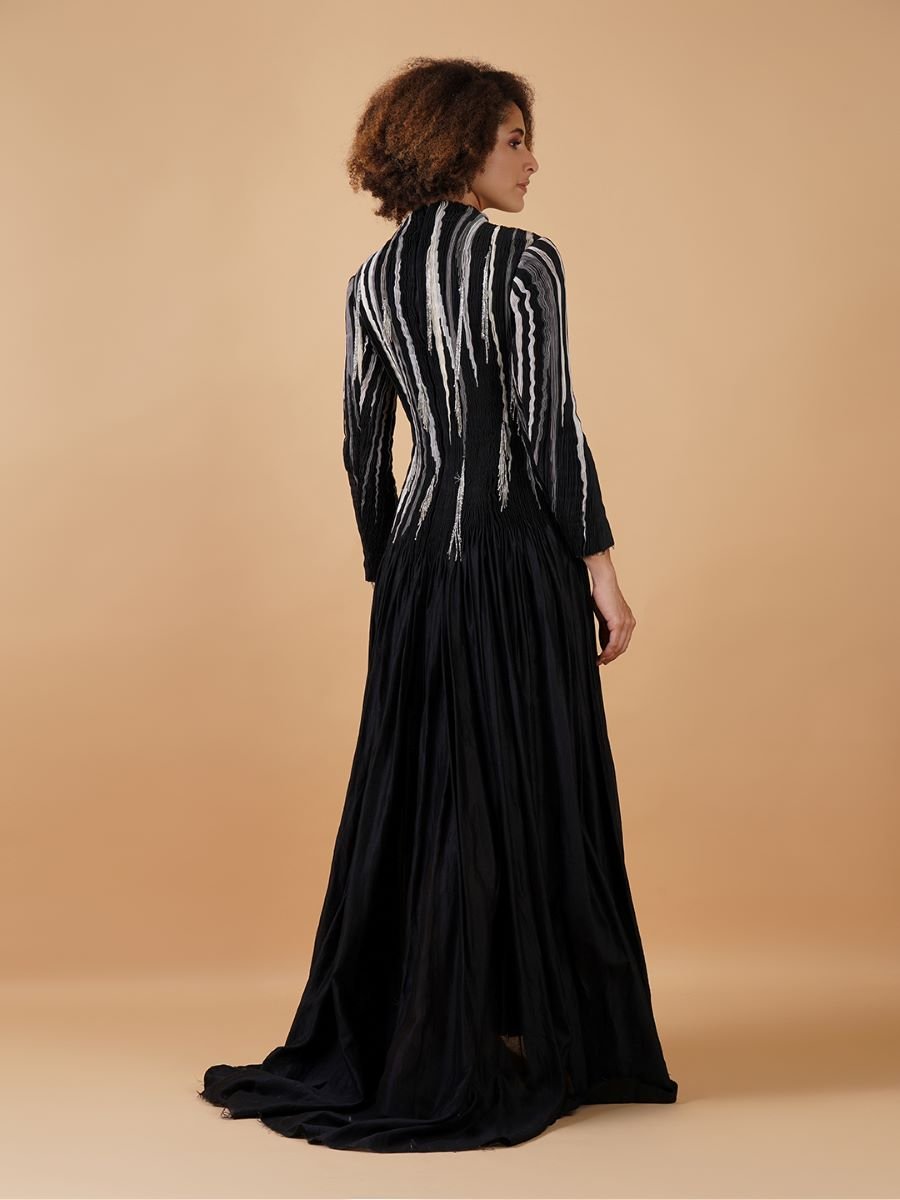 A black cotton silk, floor - length dress with high neck and full sleeves - samantchauhan Apparel & Accessories
