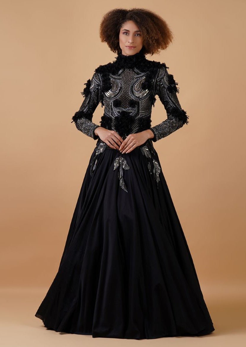 A black cotton silk floor length gown with zero neck - samantchauhan Apparel & Accessories