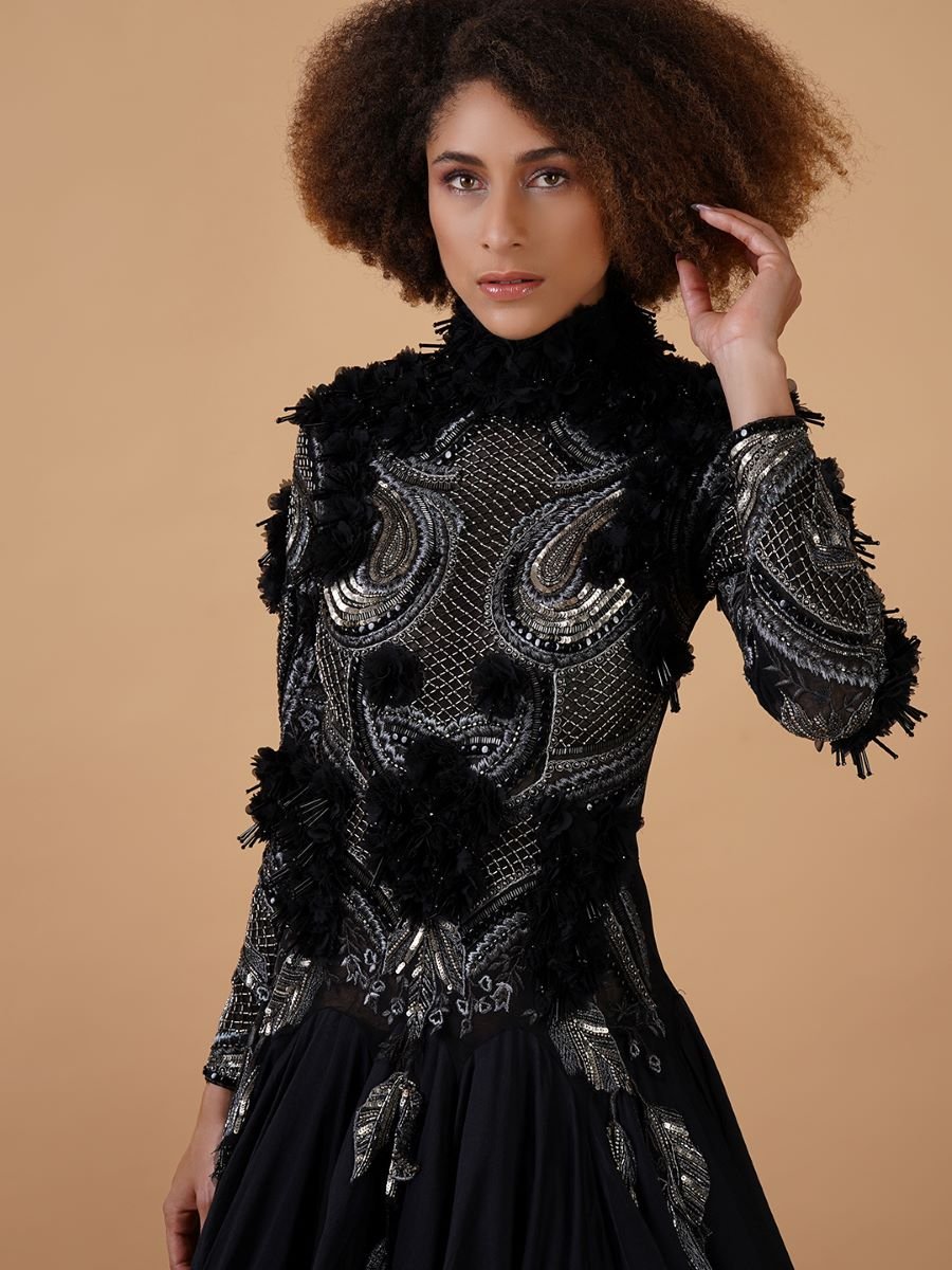 A black cotton silk floor length gown with zero neck - samantchauhan Apparel & Accessories