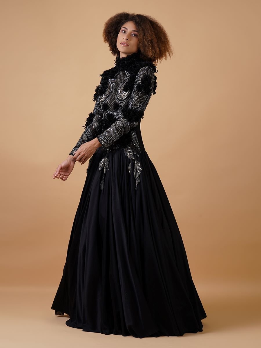 A black cotton silk floor length gown with zero neck - samantchauhan Apparel & Accessories
