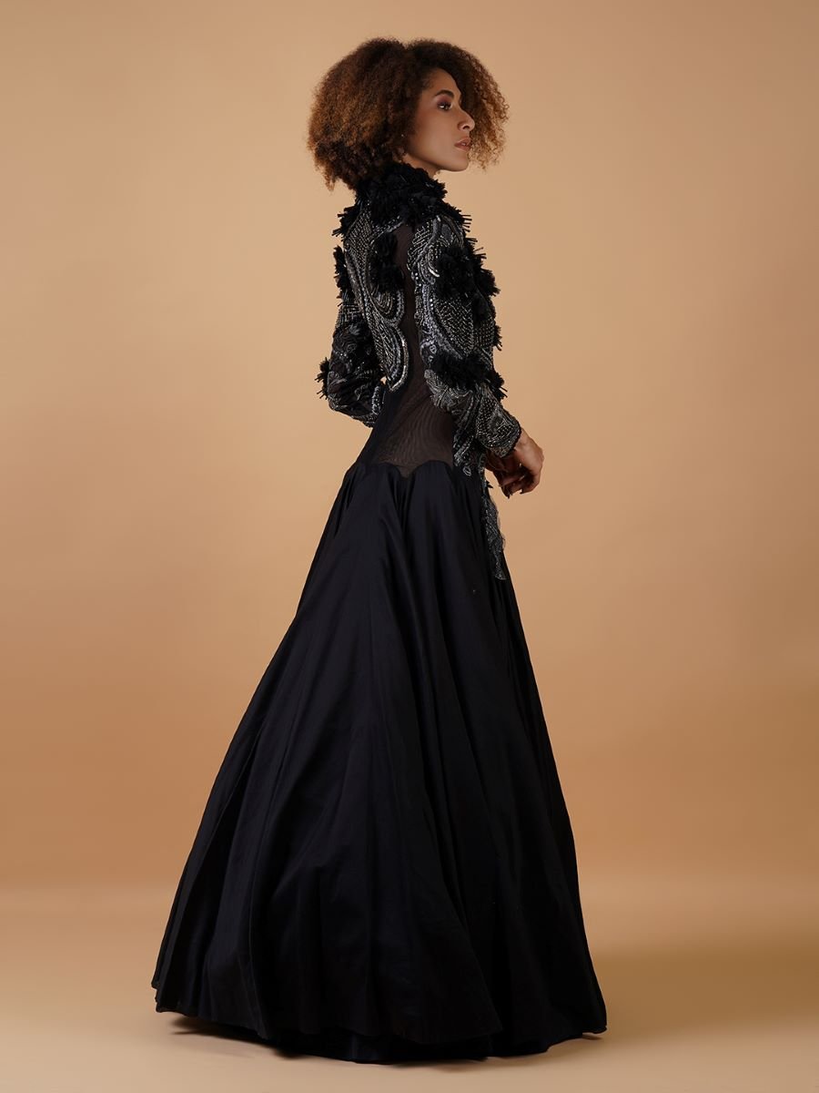 A black cotton silk floor length gown with zero neck - samantchauhan Apparel & Accessories