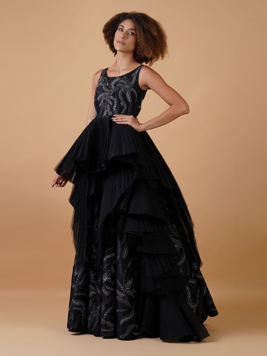 A black cotton silk gown beautifully embroidered in silver zari - samantchauhan Apparel & Accessories