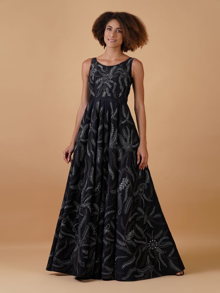 A black cotton silk gown beautifully embroidered in silver zari - samantchauhan Apparel & Accessories