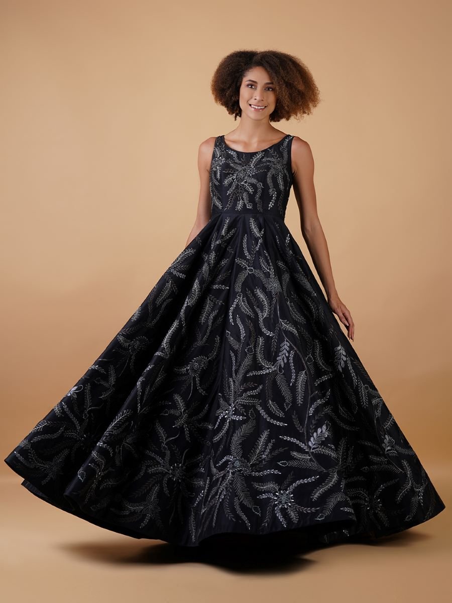 A black cotton silk gown beautifully embroidered in silver zari - samantchauhan Apparel & Accessories