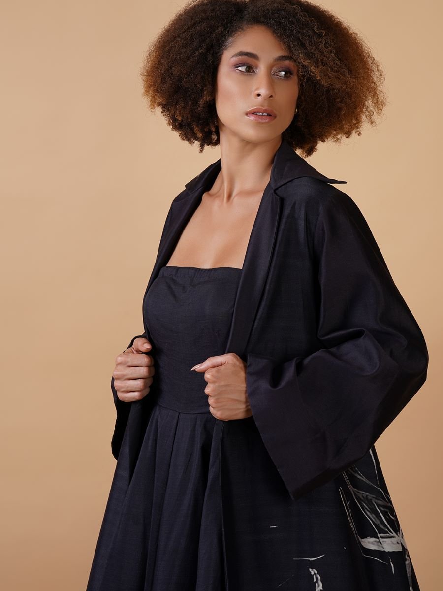 A black cotton silk tube dress paired with a jacket in the same fabric - samantchauhan Apparel & Accessories