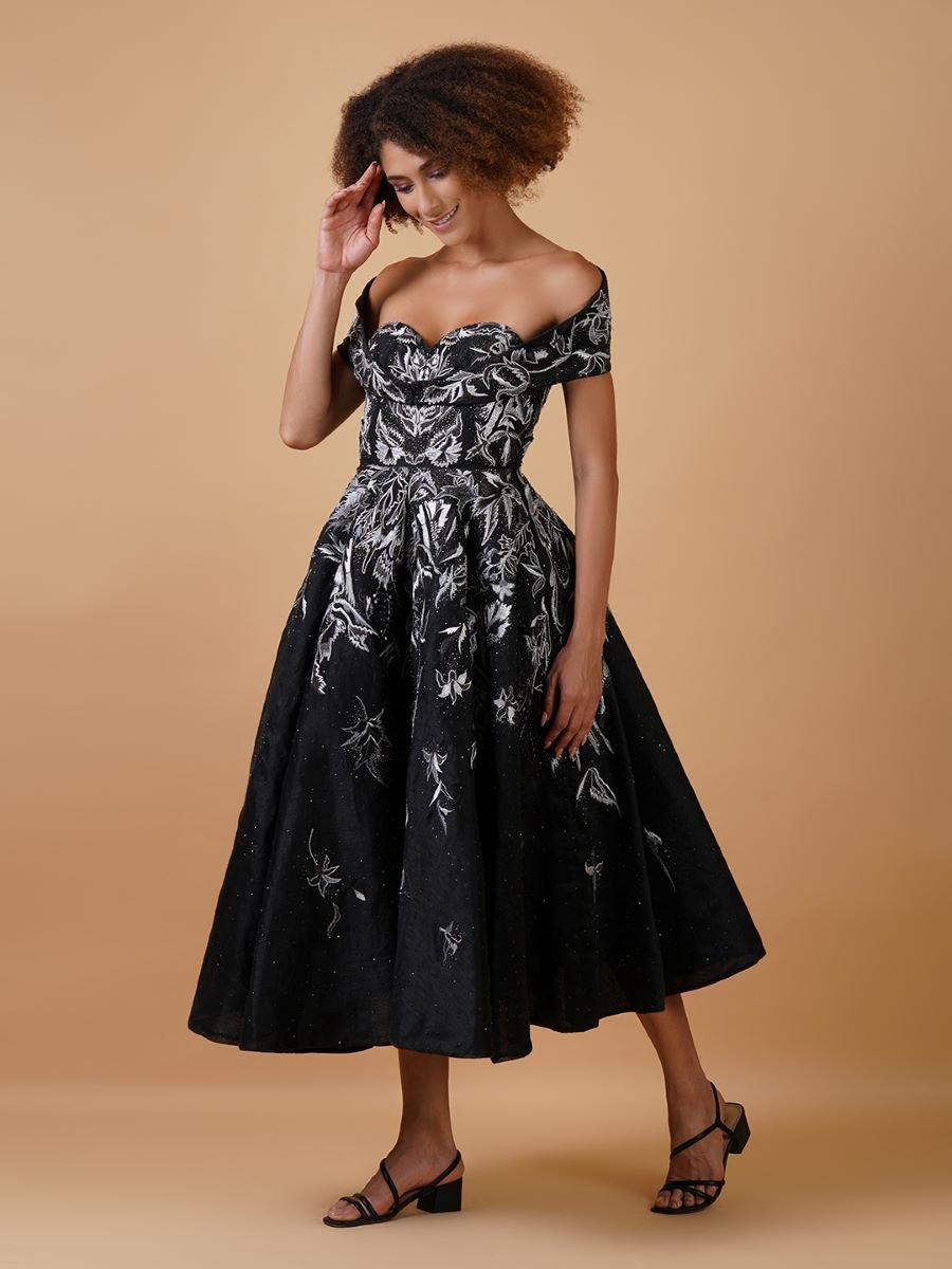 A black off - shoulder, calf length Cotton silk gown - samantchauhan Apparel & Accessories