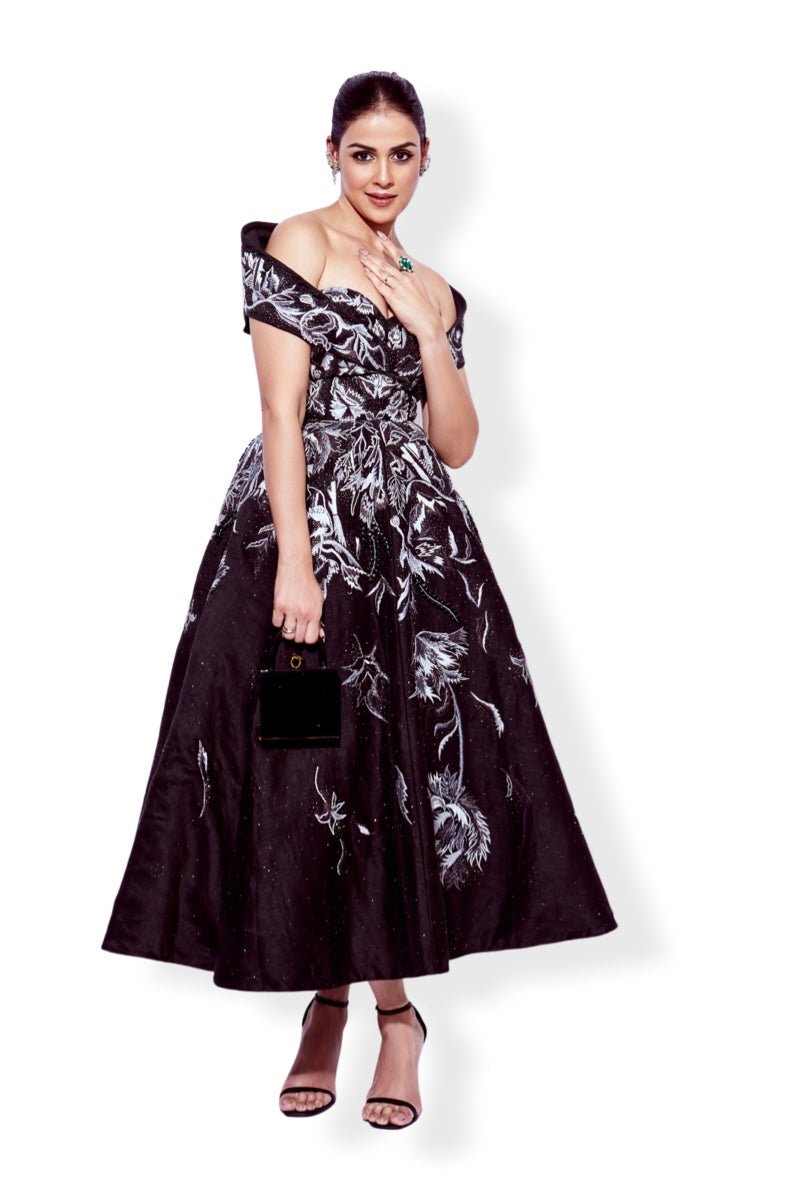 A black off - shoulder, calf length Cotton silk gown - samantchauhan Apparel & Accessories