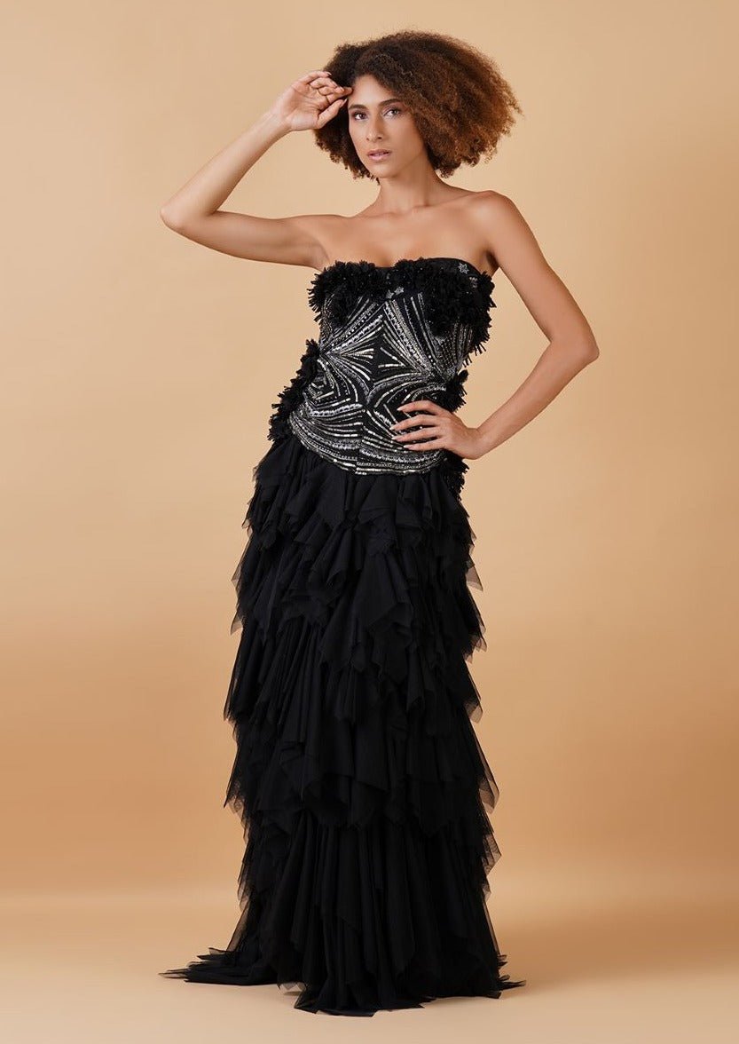 A black tube dress, adorned with beautiful zari thread embroidery and 3D flowers - samantchauhan Apparel & Accessories