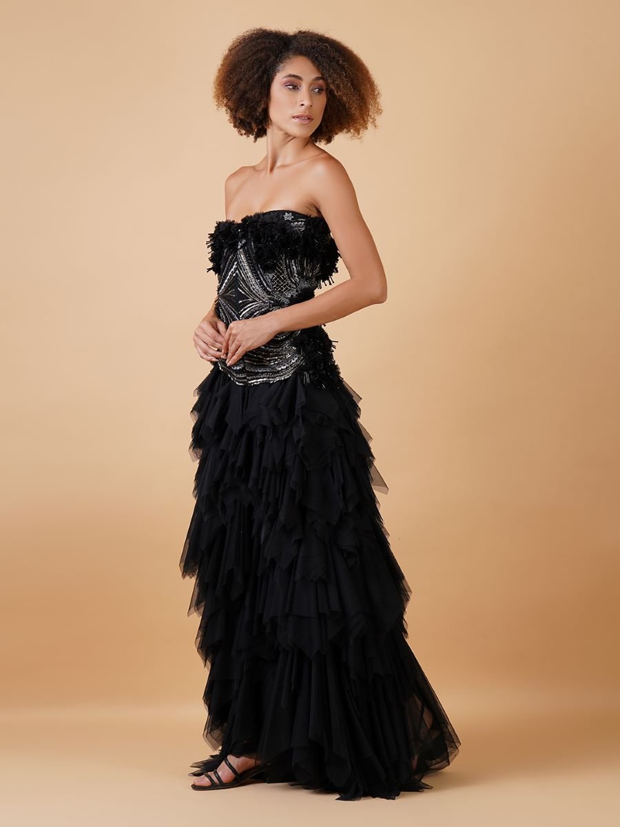 A black tube dress, adorned with beautiful zari thread embroidery and 3D flowers - samantchauhan Apparel & Accessories