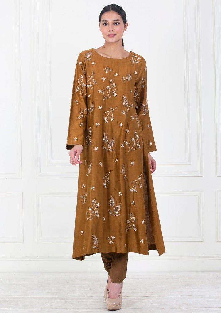 A brown cotton silk kurta that is embroidered in the front - samantchauhan Apparel &amp; Accessories