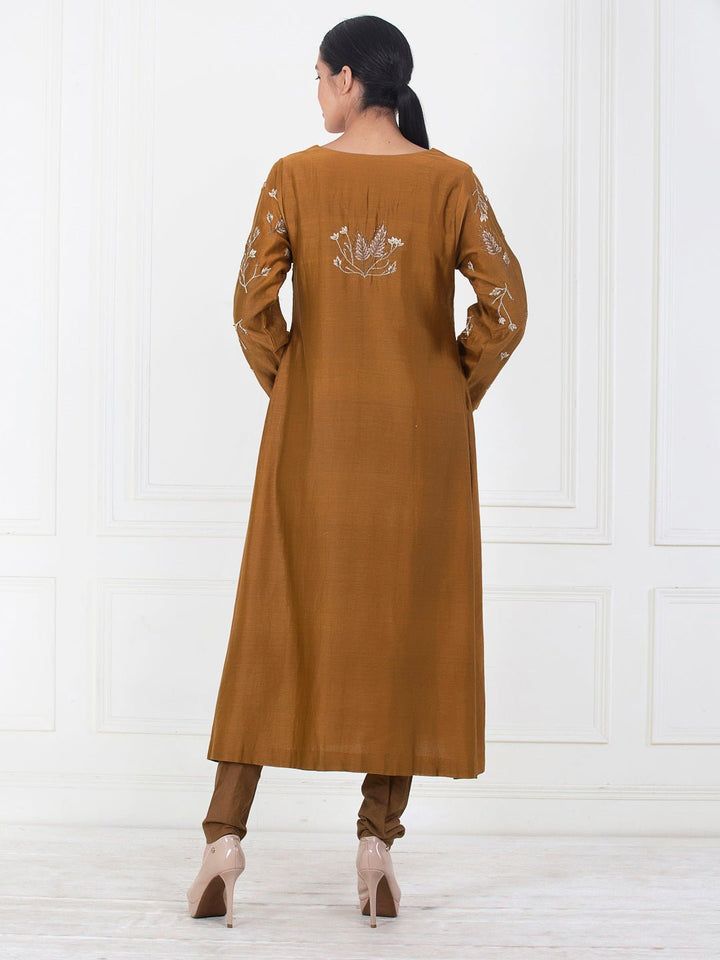 A brown cotton silk kurta that is embroidered in the front - samantchauhan Apparel &amp; Accessories