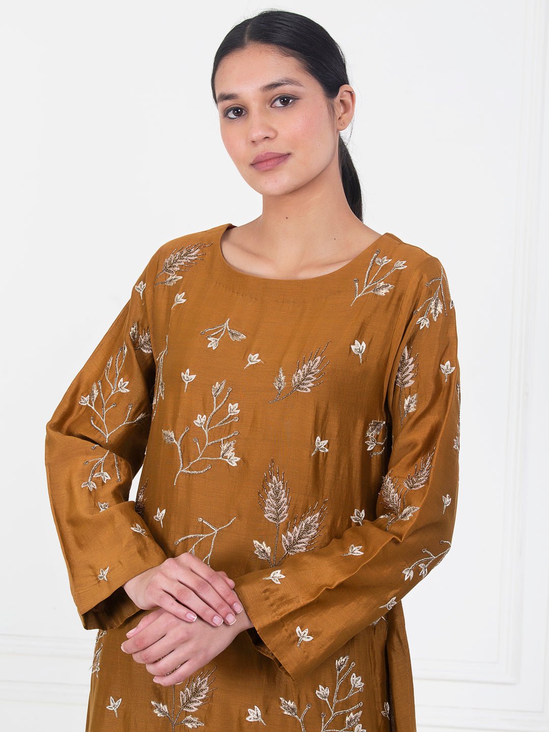 A brown cotton silk kurta that is embroidered in the front - samantchauhan Apparel &amp; Accessories