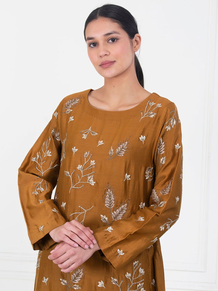 A brown cotton silk kurta that is embroidered in the front - samantchauhan Apparel &amp; Accessories