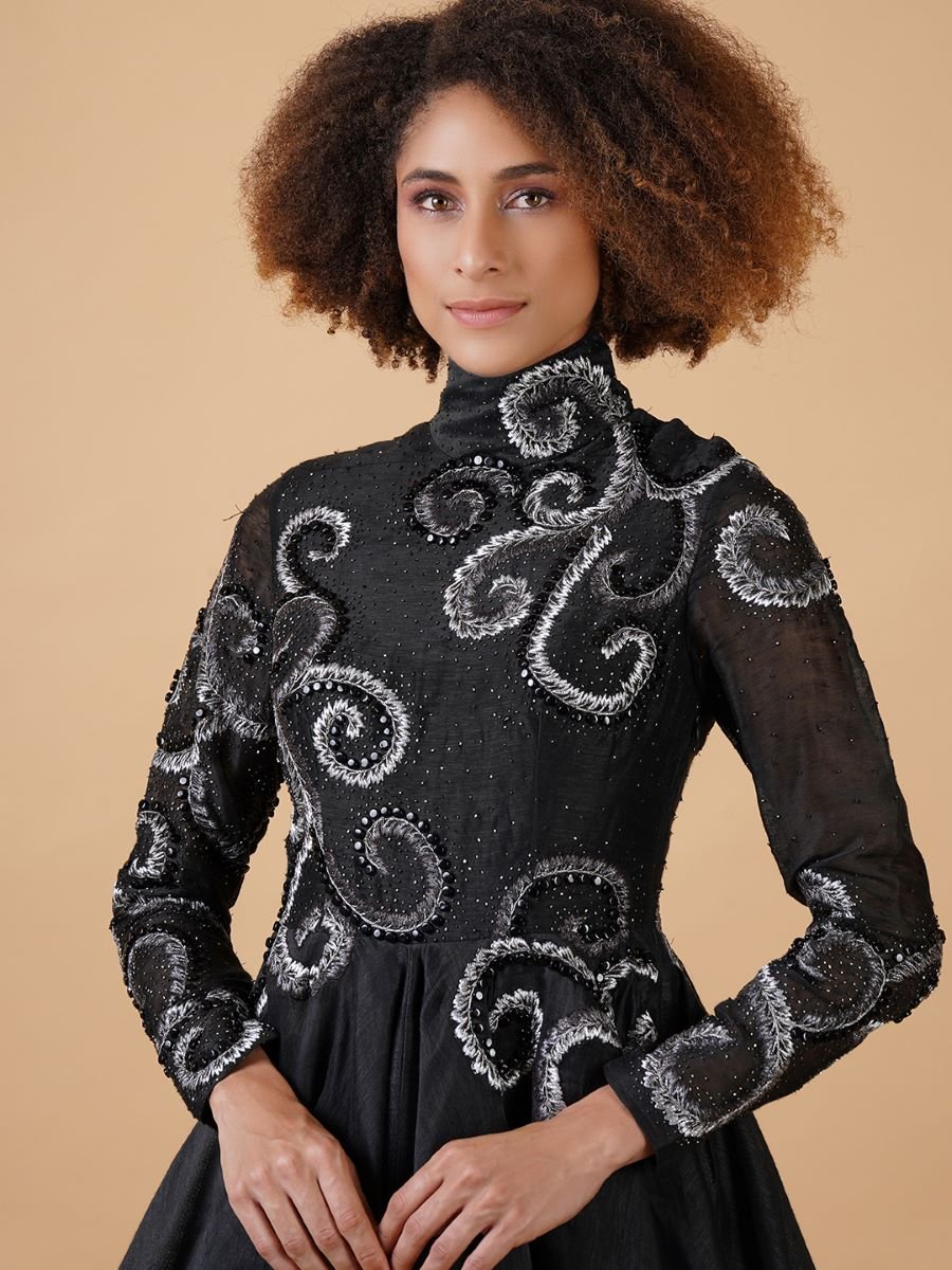 A chique A - line black cotton silk dress with a high neck and full sleeves - samantchauhan Apparel & Accessories
