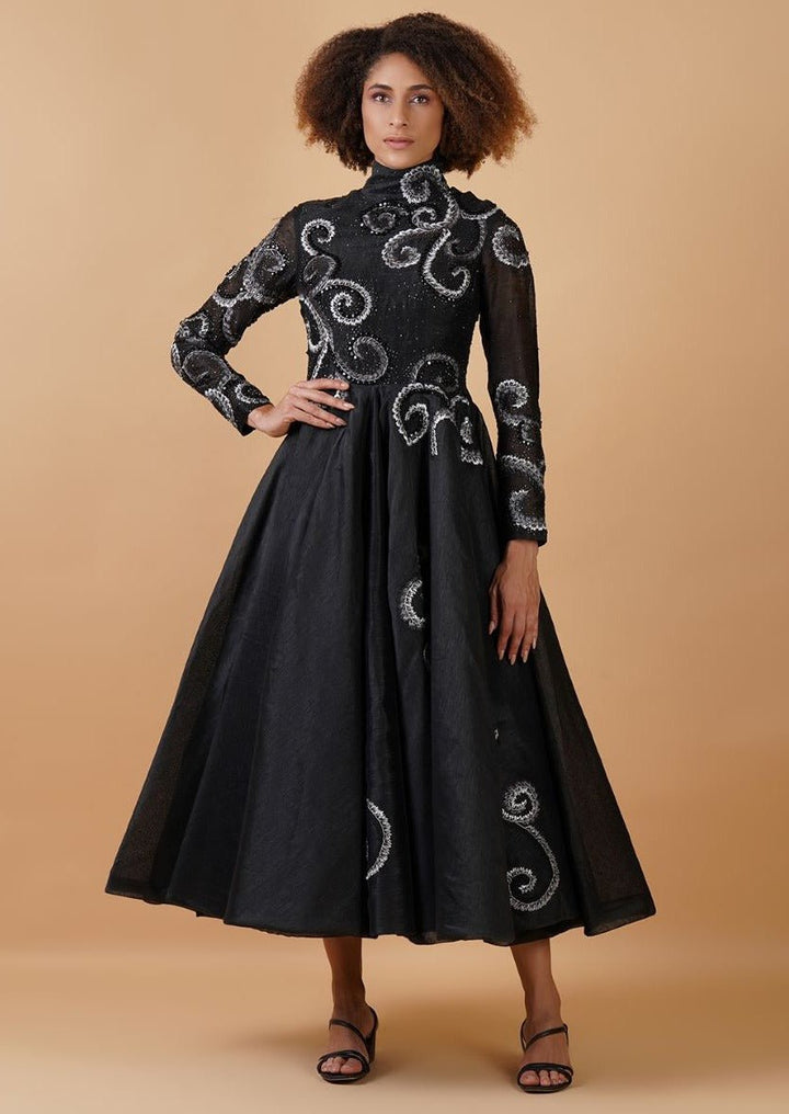 A chique A - line black cotton silk dress with a high neck and full sleeves - samantchauhan Apparel &amp; Accessories