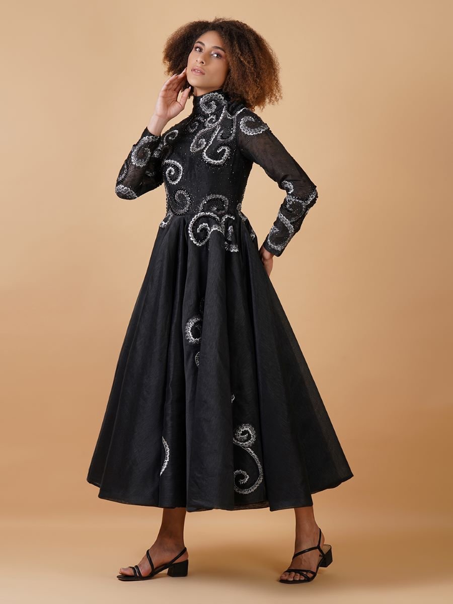 A chique A - line black cotton silk dress with a high neck and full sleeves - samantchauhan Apparel & Accessories