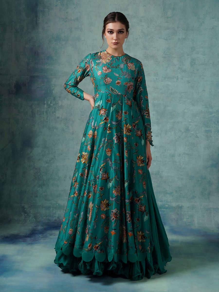 A cotton silk Anarkali gown with attached cotton slip and organza Dupatta - samantchauhan Apparel & Accessories