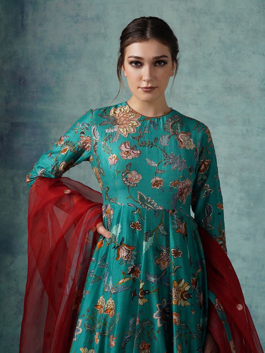 A cotton silk Anarkali gown with attached cotton slip and organza Dupatta - samantchauhan Apparel & Accessories