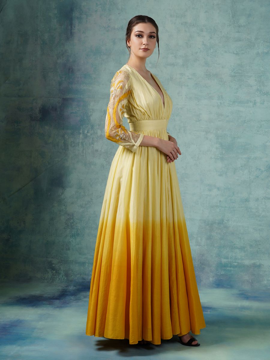 A cotton silk deep neck gown - samantchauhan Apparel & Accessories