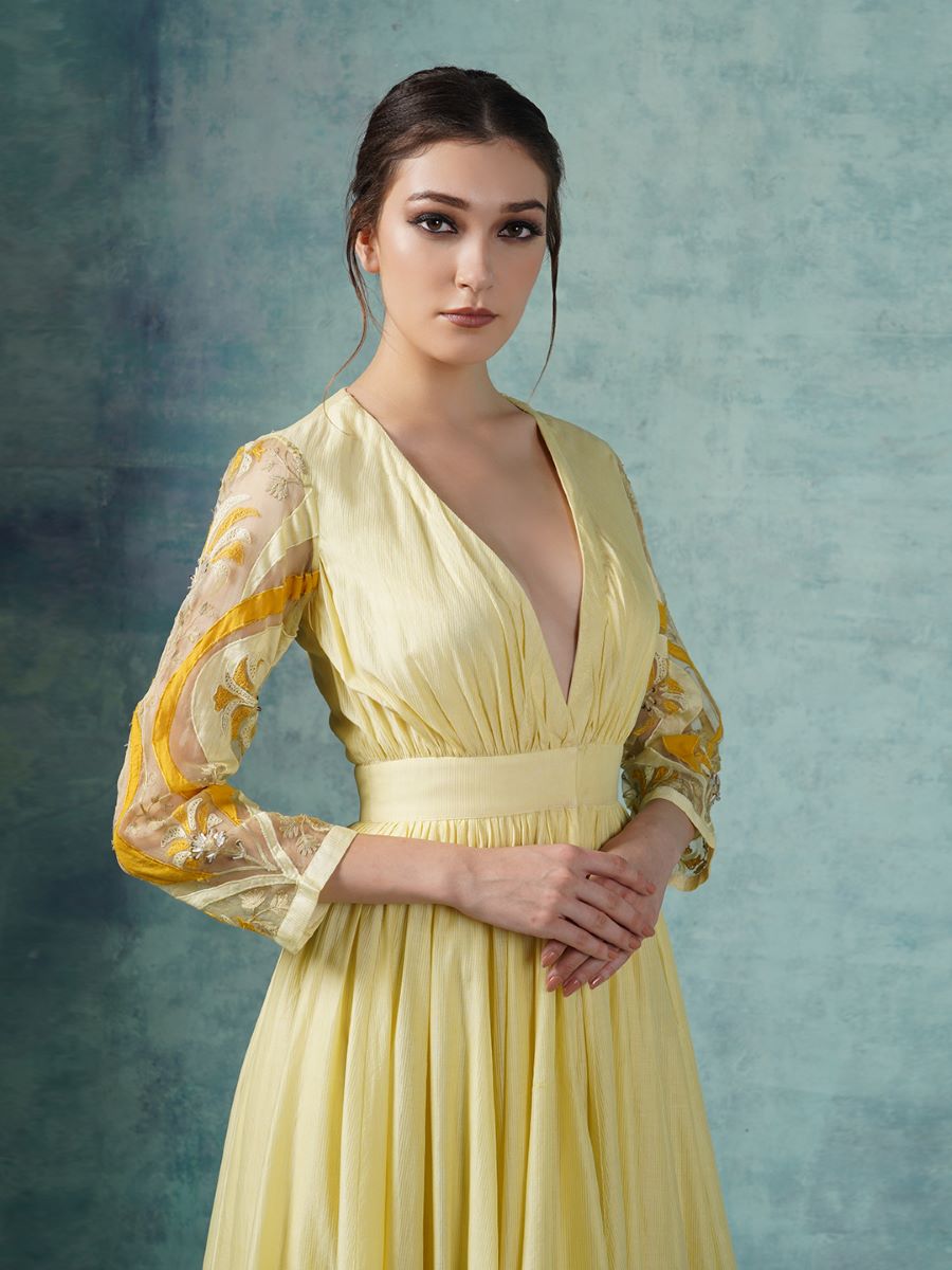 A cotton silk deep neck gown - samantchauhan Apparel & Accessories