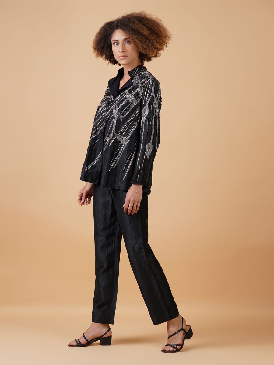 A dapper black cotton silk co - ord set with a distinctive zari embroidery - samantchauhan Apparel & Accessories