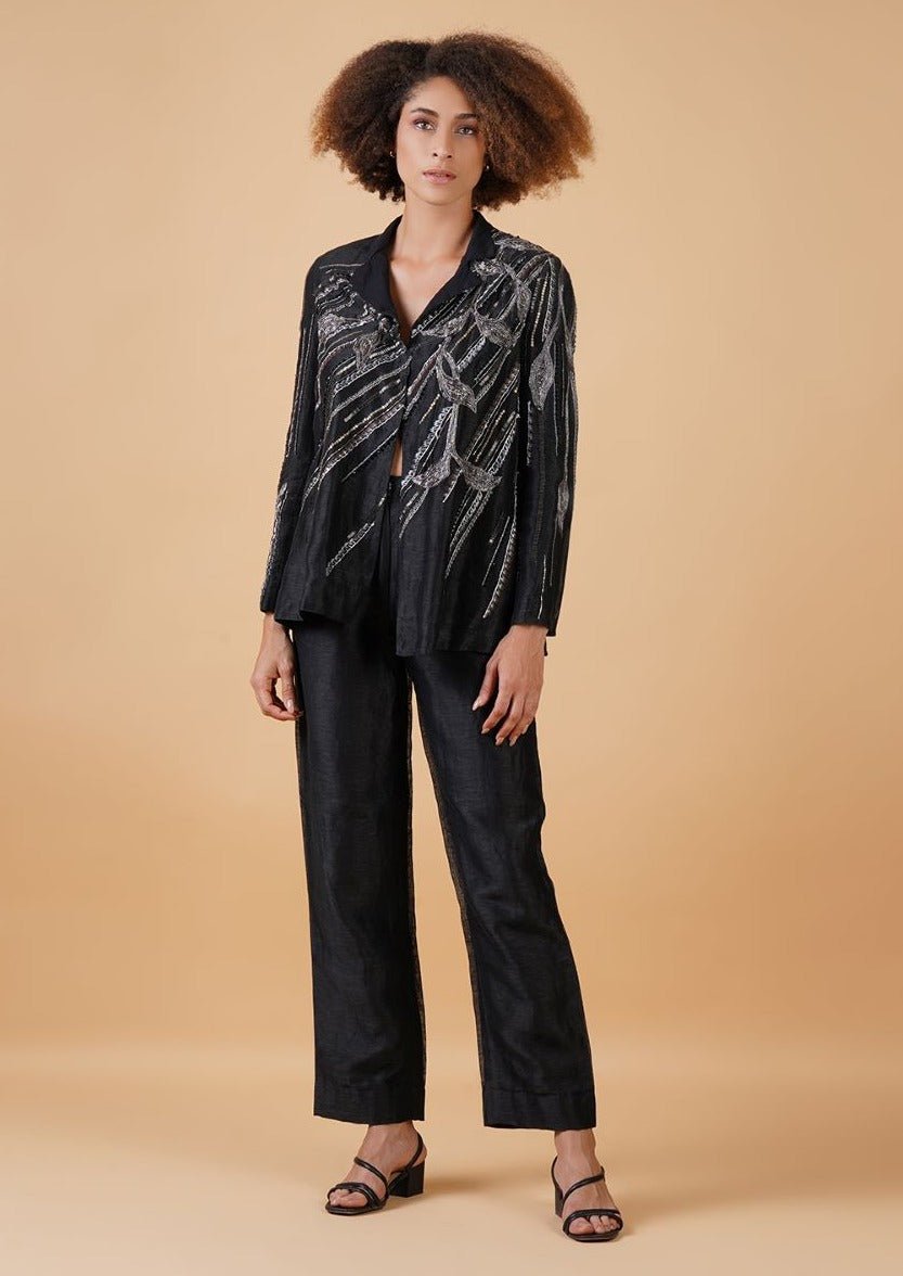A dapper black cotton silk co - ord set with a distinctive zari embroidery - samantchauhan Apparel & Accessories