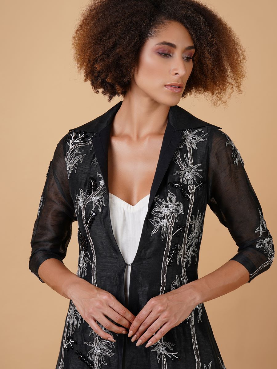 A floor length black chanderi jacket that is adorned with intricate embroideries - samantchauhan Apparel & Accessories