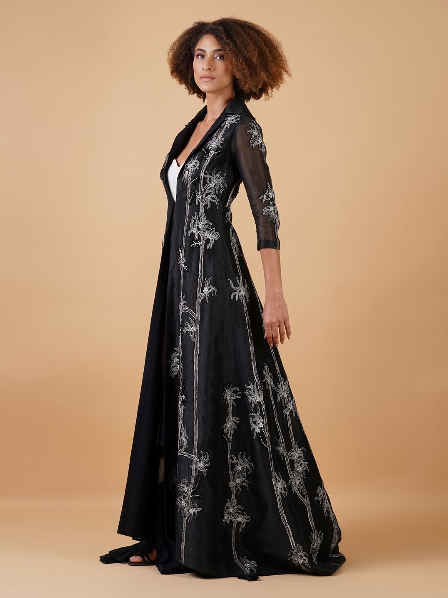 A floor length black chanderi jacket that is adorned with intricate embroideries - samantchauhan Apparel & Accessories